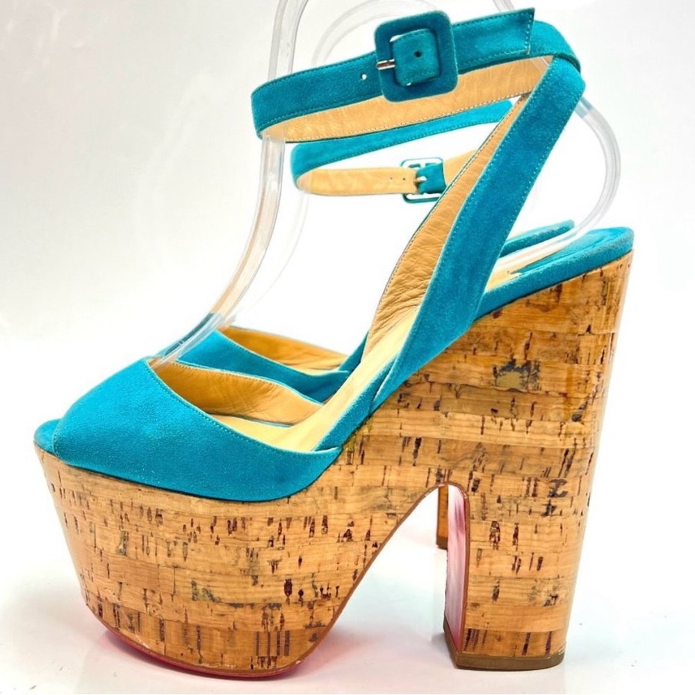 Christian Louboutin Dombasle 160 Blue Suede Cork Wedges 38